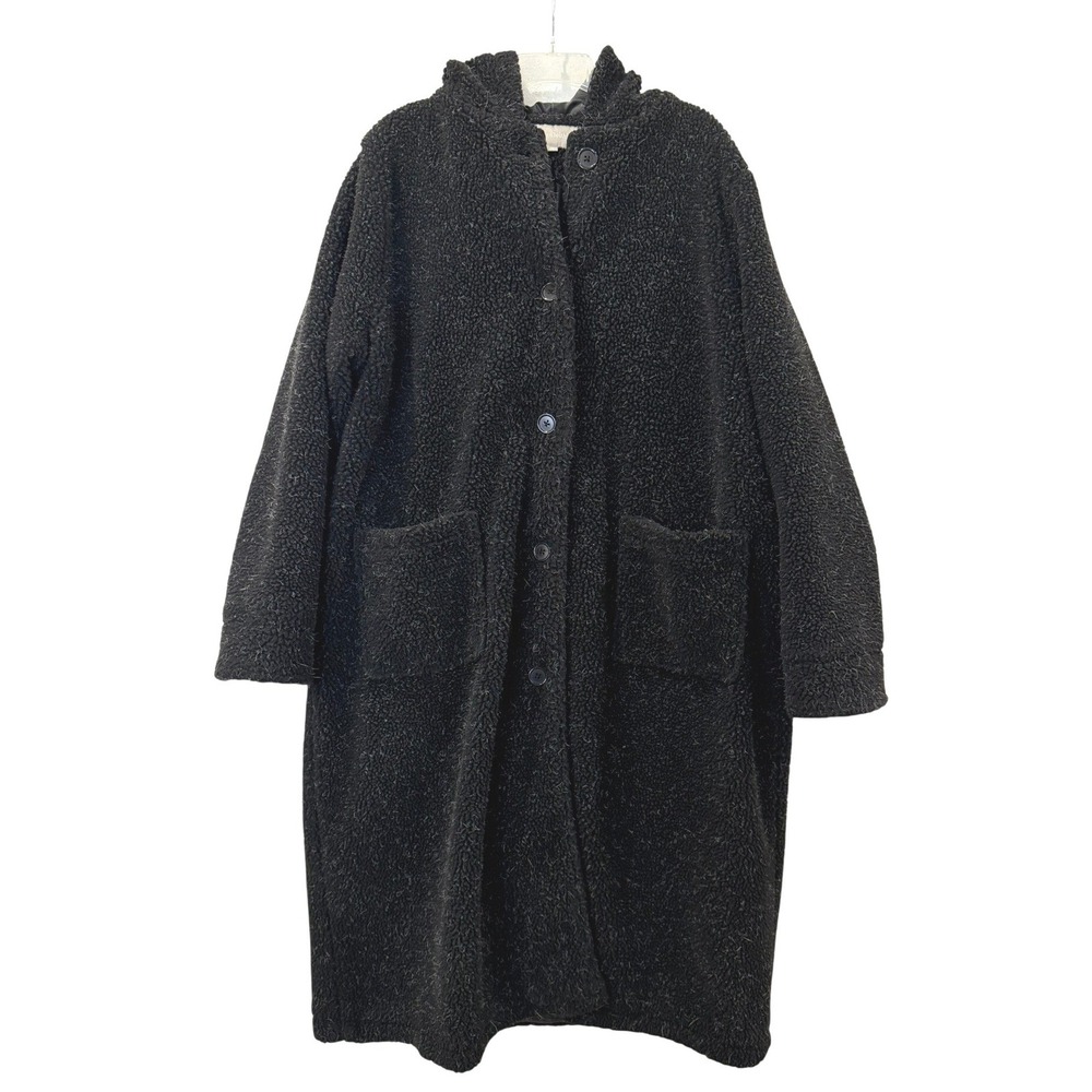 Woman Within Black Sherpa Fleece Hooded Longline Teddy Coat Plus Size 18/20 L